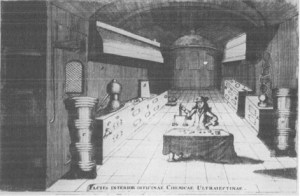 First chemical laboratory at Utrecht University, founded 1695. From: J.C. Barchusen, Pyrosophia (Leiden, 1698).