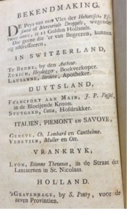 Last page of the pamphlet on the 'Helvetian essence', listing exclusive selling points. 