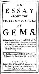 Title page of Robert Boyle's 1673 'An essay, about the origine and virtue of gems.'