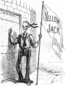 Yellow fever was a big problem in harbours in the eighteenth and nineteenth century. Here 'Yellow Jack' is shown knocking on the city gates of New York City. NY suffered a yellow fever epidemic in 1793.