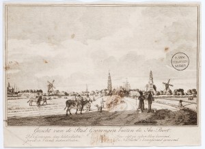 View of the city of Groningen from the side of the Aa gate (the Aa is a river), 1750-1850.  The subscript reads: "This is Groningen, jewel of the  history journals because of its heroics. Famous for its diligence and rich growth, it is called the country's crown jewel." Courtesy of Leiden University Library.